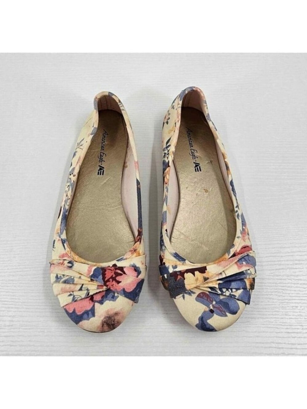American Eagle Women’s Floral Ballet Flats 8.5 Pleated Knot Toe Slip On Shoes